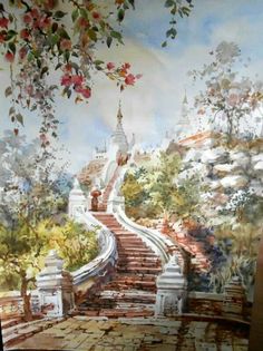 a painting of stairs leading up to the top of a hill with flowers on it