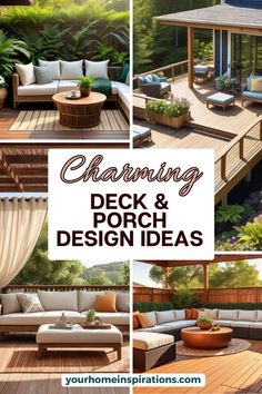 deck and porch design ideas with text overlay that reads, charming deck and porch design ideas