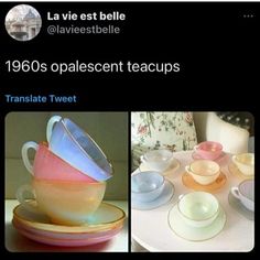 two pictures of teacups and saucers on a table with the same color