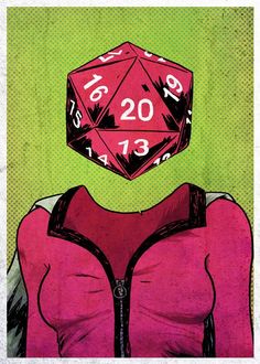 a drawing of a woman with a pink top and black zippered jacket has a red d20 on her head