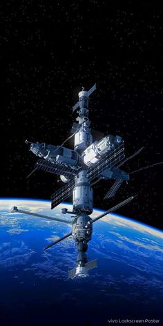 an artist's rendering of the international space station in orbit, with earth in the background