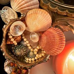 seashells and pearls in a bowl next to a lit candle