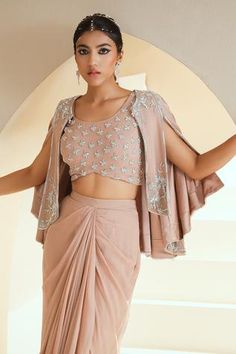 Shop for Seema Thukral Beige Satin Embellished Cape With Dhoti Skirt Set for Women Online at Aza Fashions Dhoti Outfits Women Wedding, Cape And Skirt Outfit, Dhoti Sets For Women, Dhoti Skirt Outfits With Cape, Dhoti Style Skirt, Skirt Top Designs For Women, Draped Skirt Outfit, Dhoti Skirt Outfits