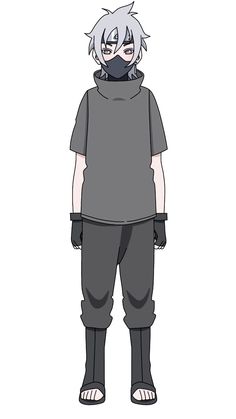 an anime character with grey hair and black pants, standing in front of a white background