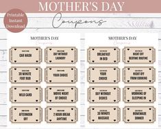 printable mother's day coup sheet with the words, mothers day and other items