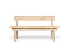 a wooden bench sitting on top of a white floor