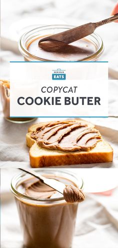 two images showing different types of food and the words copycat cookie butter on them