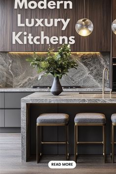 modern luxury kitchen with marble countertops and bar stools