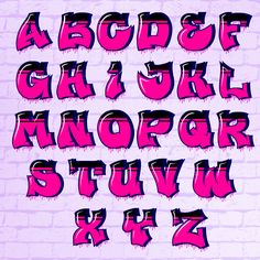 graffiti font and lowercase letters on a brick wall with spray paint effect in pink