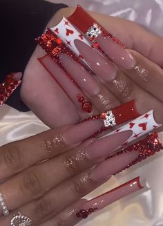 Birthday Nails Red And Gold, Xl Long Acrylic Nails Christmas, Red And White Birthday Nails, Red Bling Acrylic Nails, Bling Red Nails, Nail Inspo Coffin Long, Baddie Nail Sets, Bling Valentines Nails, Pink Nails Extra