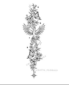 a tattoo design with flowers and butterflies on the back of it, in black ink