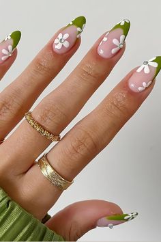 #ad #CommissionsEarned  -  Flower Press on Nails Medium Almond Green French Tip Fake Nails White Daisy Rhinestone Spring Summer Press on Nails for Women Acrylic Manicure Art False Nails Glue on Nails Kit 24Pcs Summer French Tip Nails, Neon Tips, Graduation Nail Designs, Italy Nails, Gel Ombre, Paznokcie Hello Kitty, Fake Nails White, Kutek Disney, Unghie Sfumate