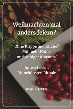 a white plate topped with cranberries next to pine cones and evergreen needles on top of a table