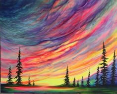 an acrylic painting of a colorful sunset with pine trees