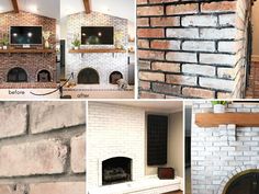 four different fireplaces are shown with brick and wood in the same room, including an old fire place