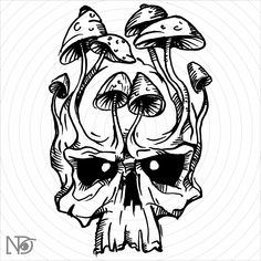 a black and white drawing of a skull with mushrooms on it's head,