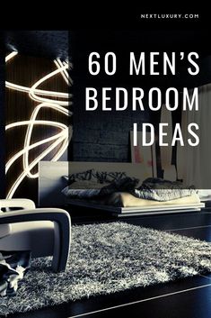 a bedroom with black walls and white rugs on the floor is featured in an article about men's bedroom ideas