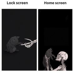 two pictures one with a skeleton and the other with a cat on it's back