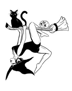 a black and white drawing of a woman with a cat on her back holding a tray