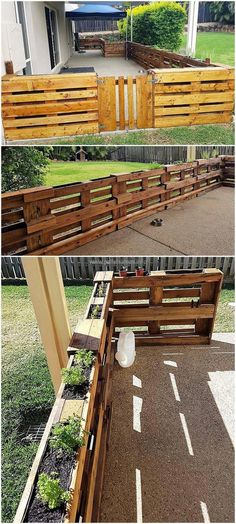 some wooden benches sitting in the middle of a yard with plants growing out of them