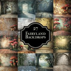 an image of fairyland backgrounds with mushrooms and trees in the background, for use as wallpaper or backdrops