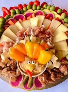 a turkey shaped platter filled with meats, cheeses and veggies