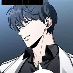 an anime character with black hair wearing a white shirt and black collared shirt, looking at the camera