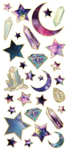 foil stickers featuring illustrated celestial stars, crystals and moons with gold details, shown on white background. Crystal Stickers, 사진 촬영 포즈, Paper House, Open Your Heart, Scrapbook Stickers Printable, Bullet Journal Stickers, Decorative Stickers, Heart And Mind, Cool Stickers