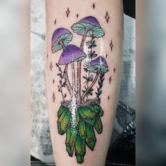 a mushroom tattoo on the leg with green leaves and purple mushrooms in the center, surrounded by stars