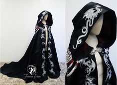 Hooded Cloak Pattern, Firefly Path, Gaun Abad Pertengahan, Embroidery Shoulder, Dragon Embroidery, Clothing Design Sketches, Hooded Cape, Fantasy Gowns