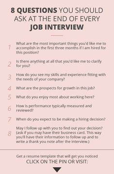 a pink poster with the words 8 questions you should ask at the end of every job interview