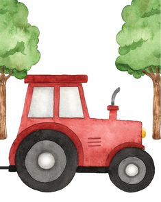 an illustration of a blue tractor with trees on the side and one tree behind it