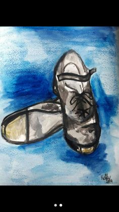 a drawing of a pair of shoes sitting on top of a blue floor next to water