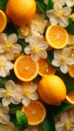 oranges and white flowers are arranged on top of each other