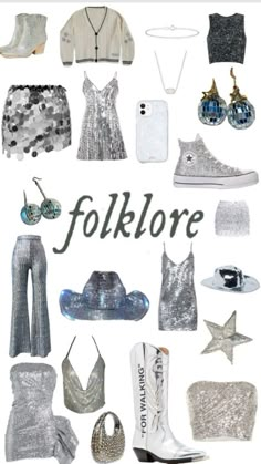 the words folklore are surrounded by many different types of clothing and accessories, including shoes