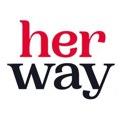 the logo for her way is shown in red and black