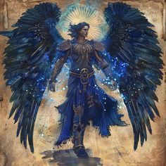 an angel with blue wings standing in front of a golden background and surrounded by stars