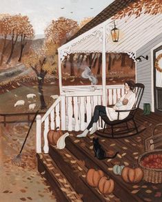 a painting of a person sitting on a porch with pumpkins and other fall items