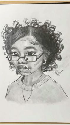 a drawing of a girl with curly hair and glasses on her face, wearing eyeglasses