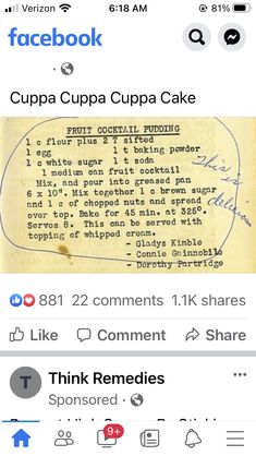 the facebook page for cuppa cuppa cake, which has been altered to look like an old recipe book