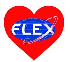 a heart with the word flex on it in front of a red and blue globe