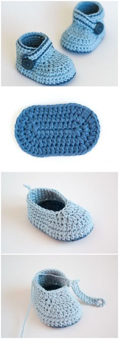 crocheted slippers are shown in three different stages