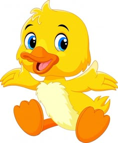 a yellow duck sitting on the ground with its legs crossed and eyes wide open, smiling