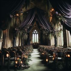 an elaborately decorated ceremony hall with candles and drapes on the windowsills