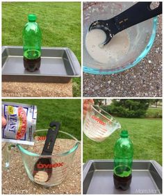 four pictures showing how to make homemade ice cream in a glass bowl with a bottle and tongs