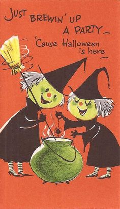 an old fashioned halloween card with two witches