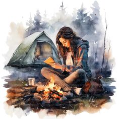 a woman sitting on the ground next to a campfire