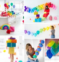 a collage of photos with balloons and gifts