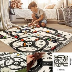 a child playing with a toy car set on the floor in front of a bed