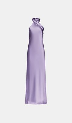 The floor-sweeping Pandora dress is cut on the bias for an ultra-flattering silhouette. It has a modern halterneck and luxuriously long sash that cascades down the back. Sizes small, take one size up if unsure. Silk Violet Dress, Purple Dress Royal, Purple Dress Satin, Dusty Lavender Bridesmaid Dresses, Purple Wedding Guest Dress, Purple Dress Wedding, Lilac Silk Dress, Purple Outfit Aesthetic, Exec Photoshoot